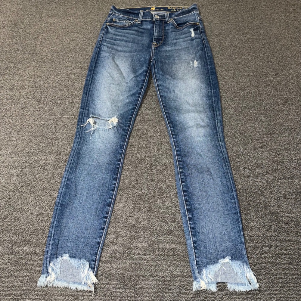 7 For All Mankind High Waist Ankle Skinny Jeans Distressed Frayed Step Hem 24
